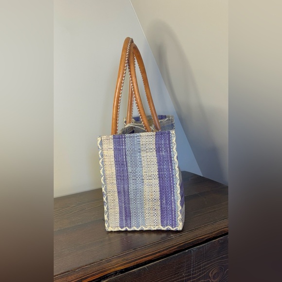 Vtg Handwoven Madagascar Raffia Stripe Tote Bag - Picture 5 of 14
